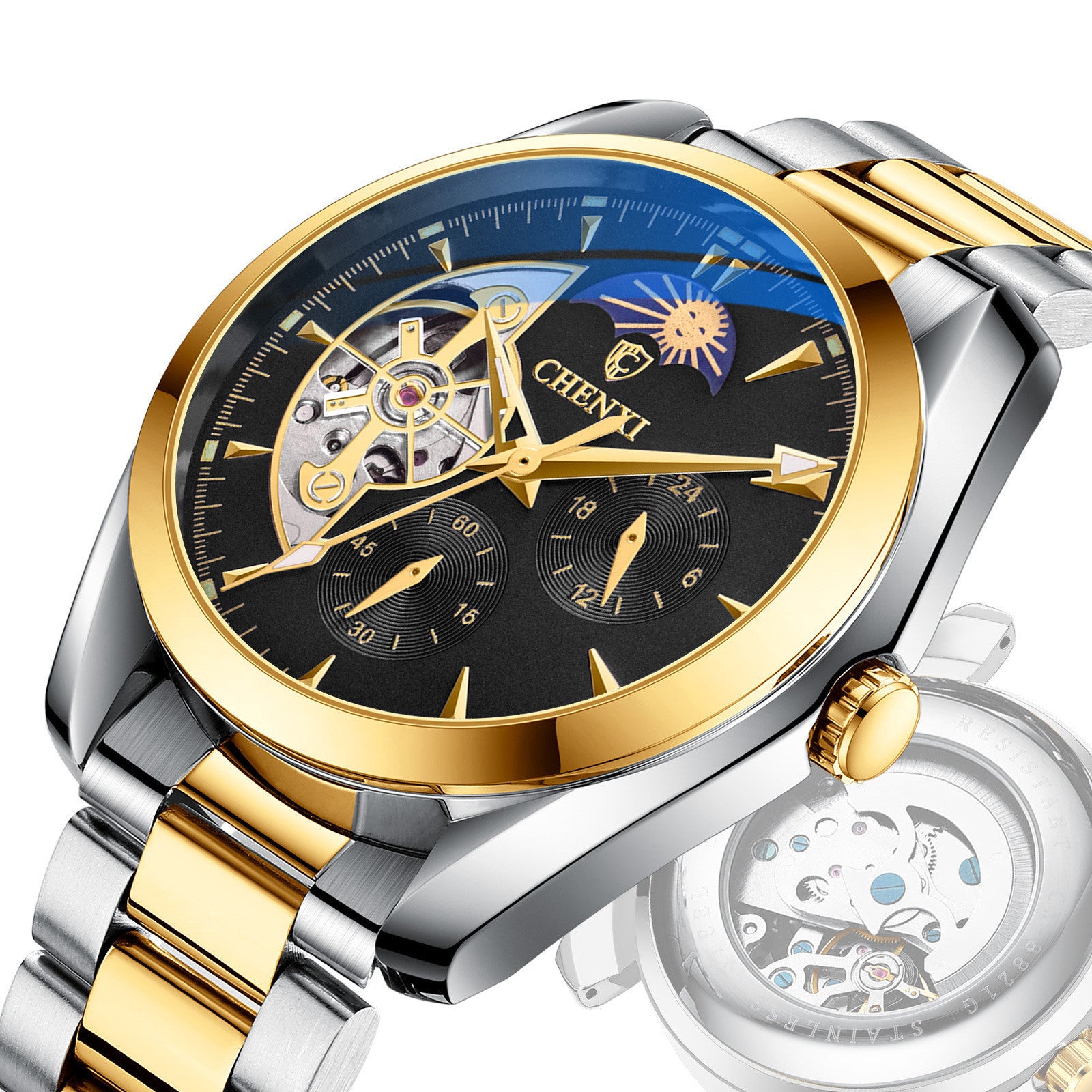 Orologio meccanico automatico da uomo impermeabile con sole, luna e stelle