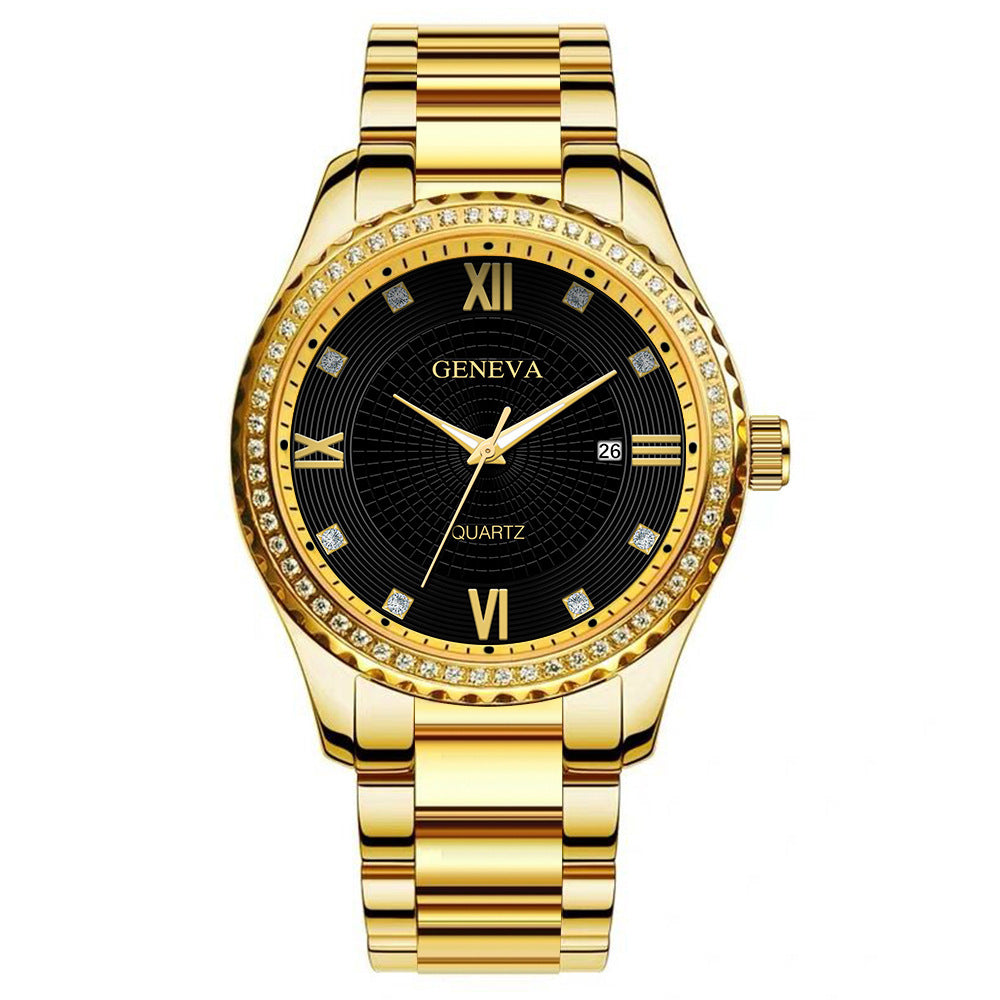 Genève Nieuwe Romeinse Schaal Heren Diamant vervaardigd Kalender Stalen Band Quartz Horloge Roestvrij Staal Heren Quartz Horloge