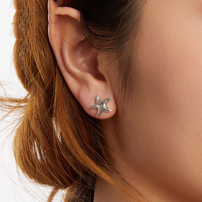 Silver Ziyun Magic Stone Inlaid Starfish Stud Earrings