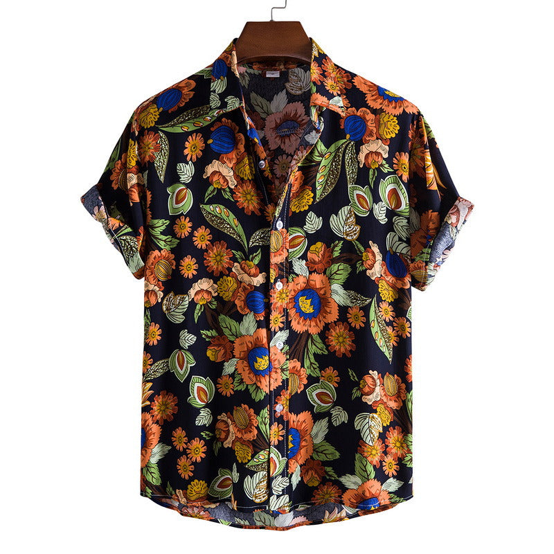 Men's Fashionable Casual Shirt Solid Color Floral Printed Button Up Breathable Fashion Casual Short Sleeve Men's Shirts