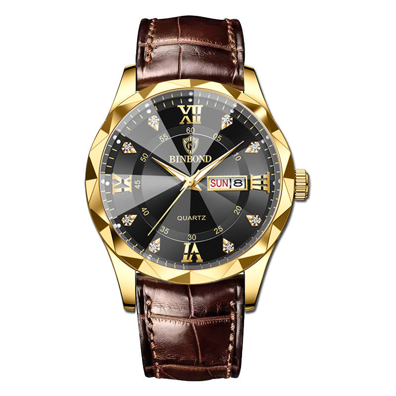 BINBOND Top Brand Luxury Fashion Men's Quartz Watch Waterproof Week Date Watch Men's Sports Watch Stainless Steel Quartz Wristwatch Genuine Leather Men's Waterproof Leisure watch