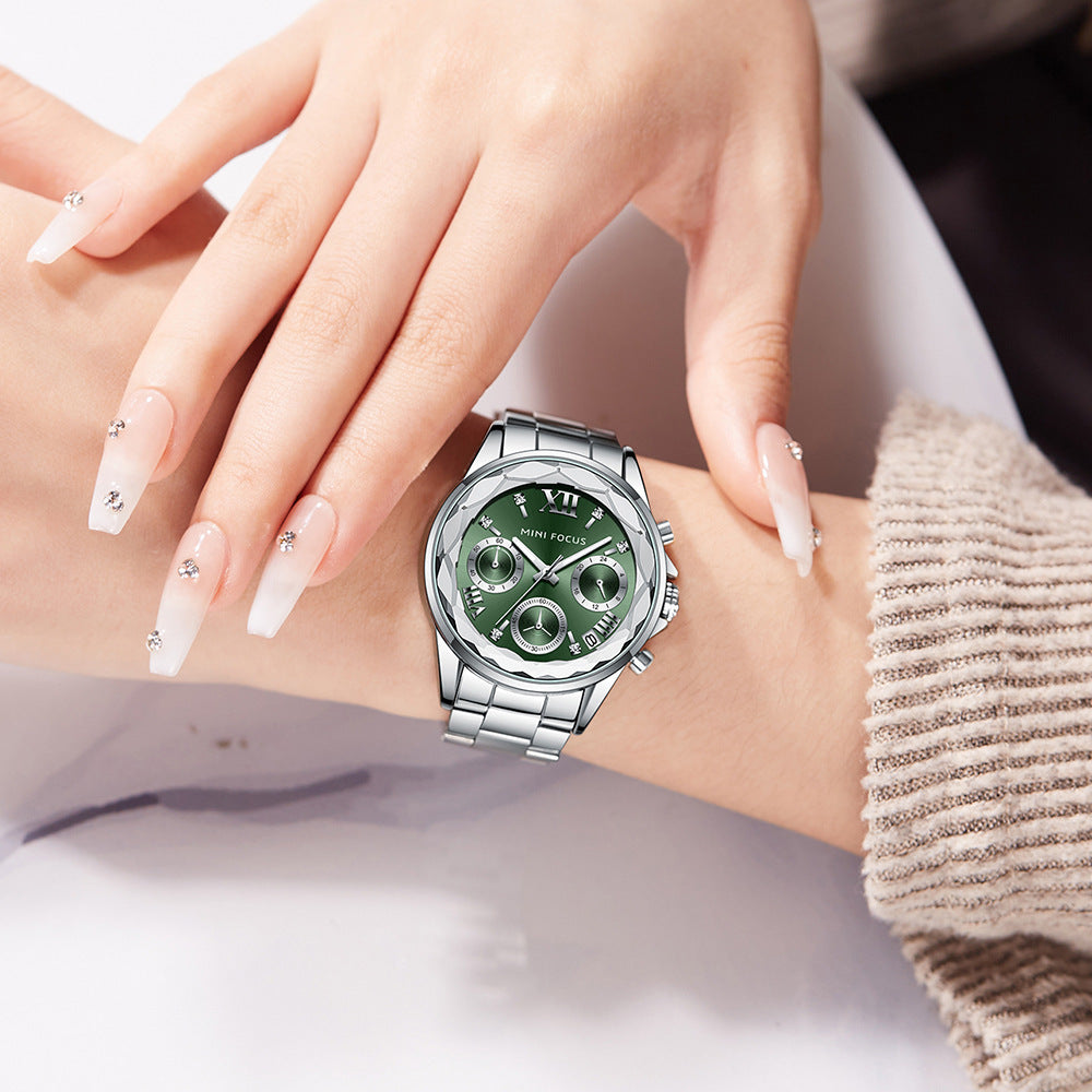 MINI FOCUS Dames Luxe Diamanten Horloge Kalender Roestvrij Staal Casual Elegante Dames Quartz Horloges
