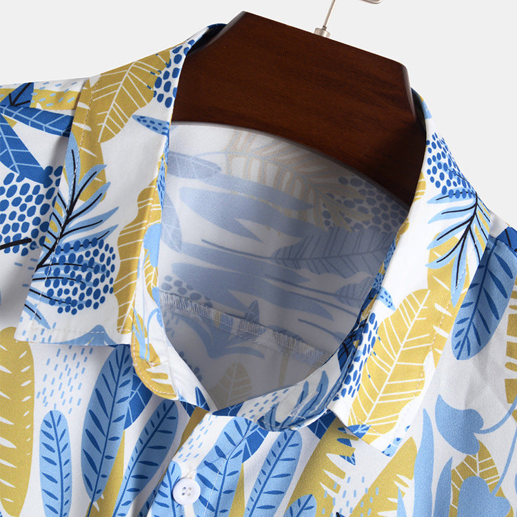 Nieuw buitenlands herenoverhemd met korte mouwen en bloemenprint, Hawaiiaans overhemd