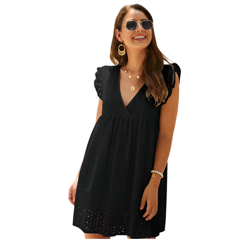 Summer V-neck Cotton Short Skirt Solid Color Dress