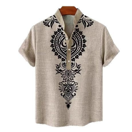 Men's Fashionable Casual Solid Color Linen Fiber Cardigan Shirt Digital 3D Printed Men's Casual Short Sleeve Shirt