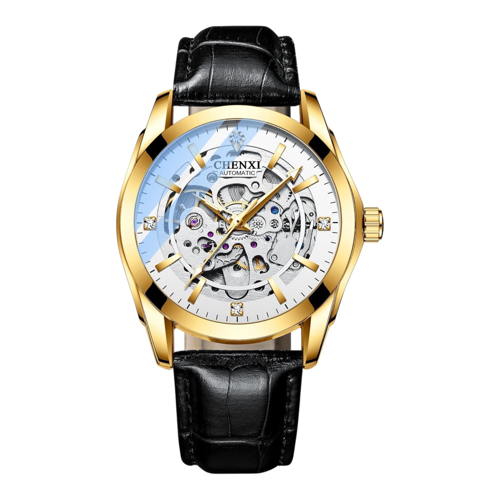 Gold wristwatch with black leather strap on a white background
