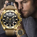 Man holding a gold Megir watch close to his face with another watch on his wrist.