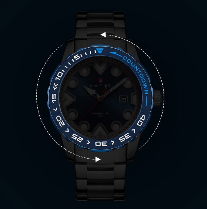 Black wristwatch with blue accents on a dark background
