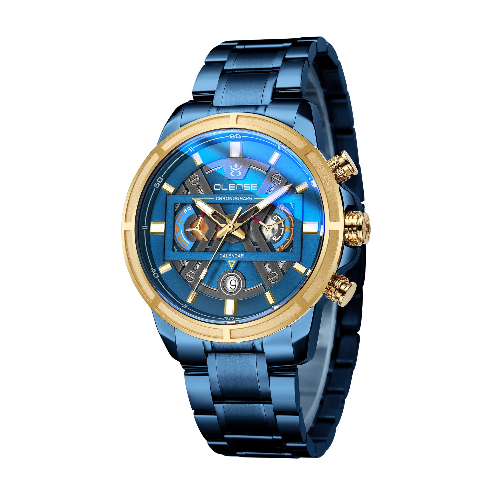 A black quartz watch with a stainless steel strap and a blue dial featuring a butterfly buckle.