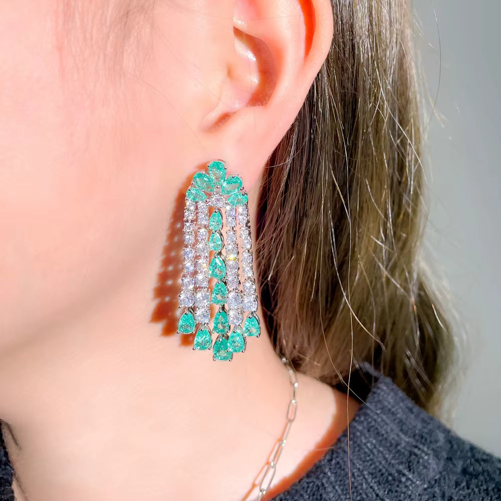 Women Fashionable Earrings Green Diamond Flower Earrings Elegant Long Tassel Silver Needle Women Fashionable Earrings