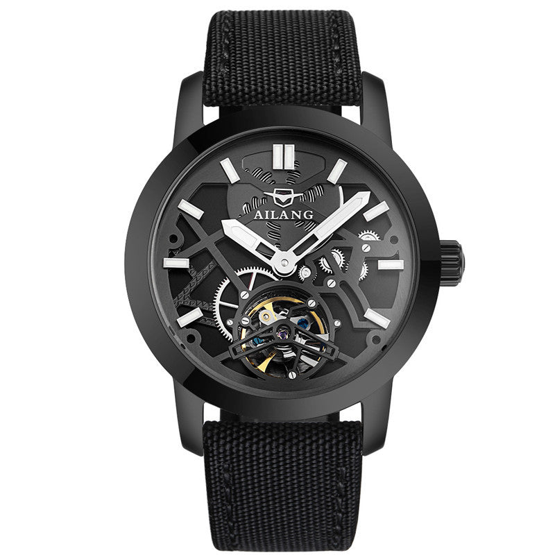This image features a sophisticated men's mechanical watch by the brand AILANG. The watch showcases a sleek, silver-toned metal case paired with a black leather strap that enhances its elegant appearance.