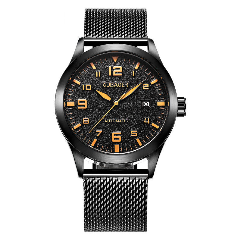 A stainless steel mechanical watch with a green dial and a metallic mesh band. The watch has a date display and is labeled with 'CUBAEX' on the dial.