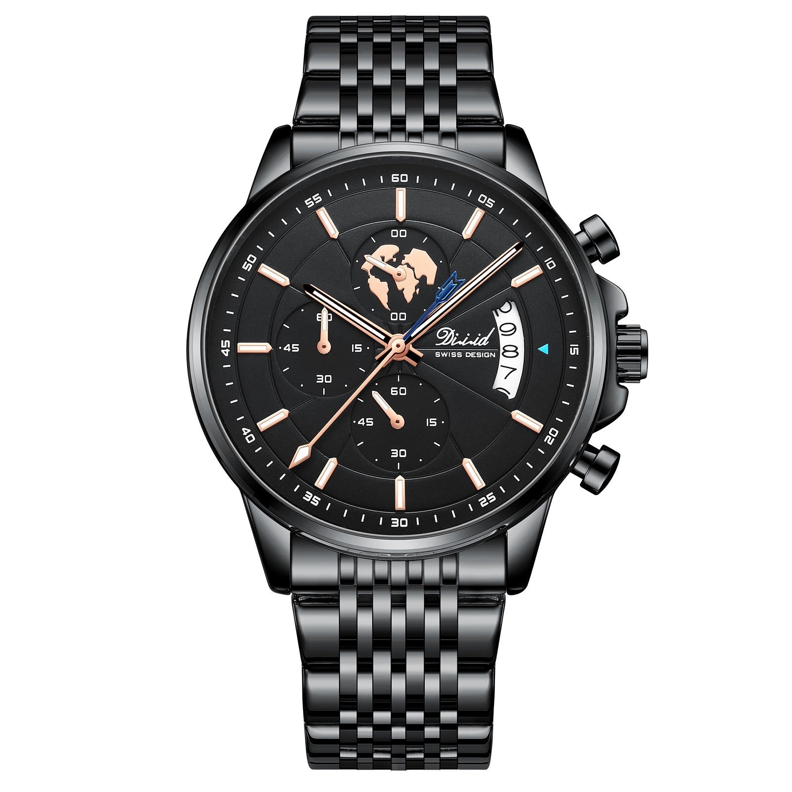 Orologio da uomo meccanico di tendenza, impermeabile, luminoso al quarzo con cinturino in acciaio