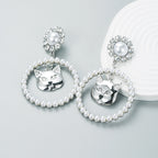 Glanzende legering met diamanten bezette kattenkop ring parel oorbellen dames