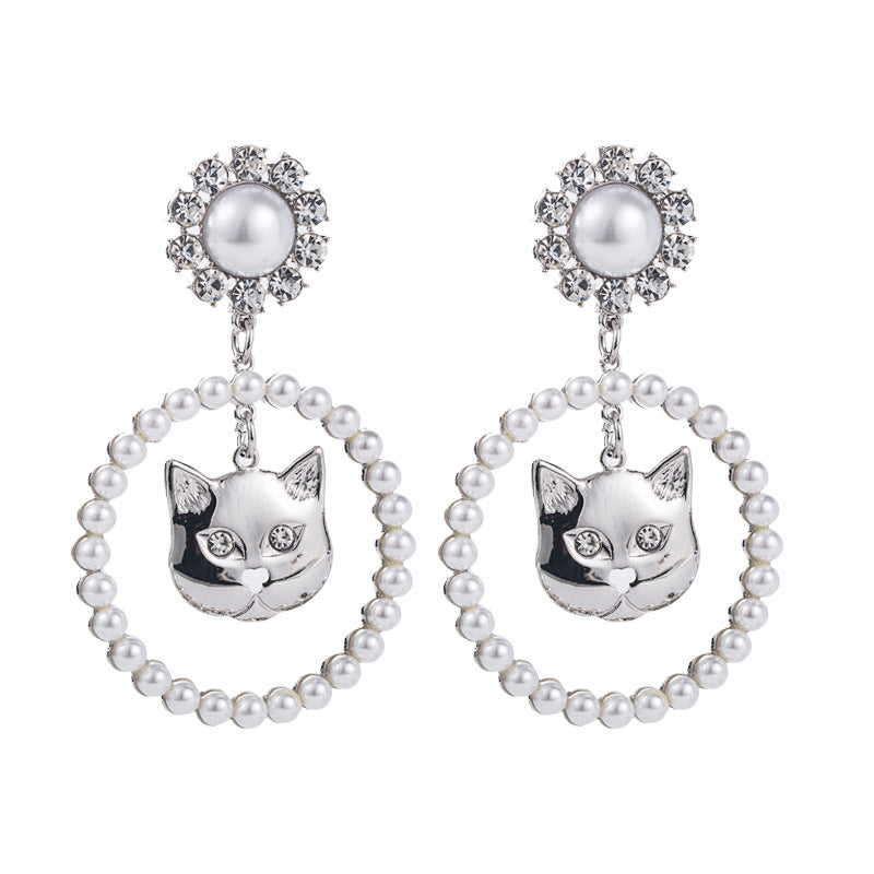 Shiny Alloy Diamond-studded Cat Head Ring Pearl Earrings Women's