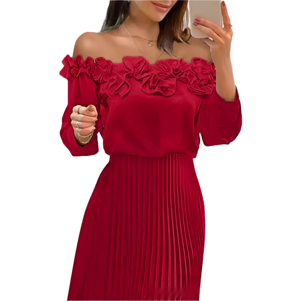 Women's Off-the-Shoulder Pleated Midi Dress with Ruffles Three-dimensional Pleated Off-shoulder Pleated Women Dress