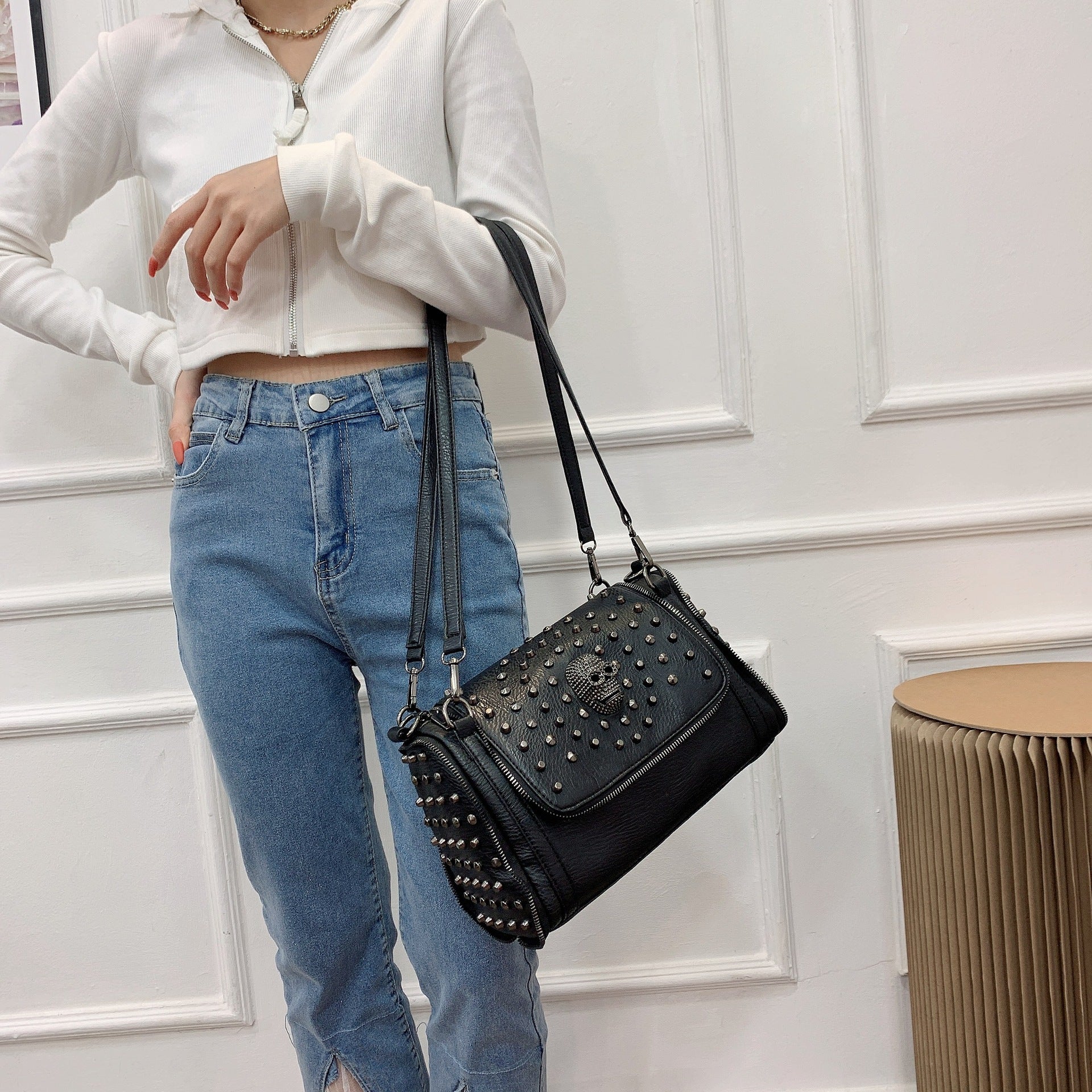 Women's fashion Skull Bag Rivet Large Capacity Shoulder Pillow Bag