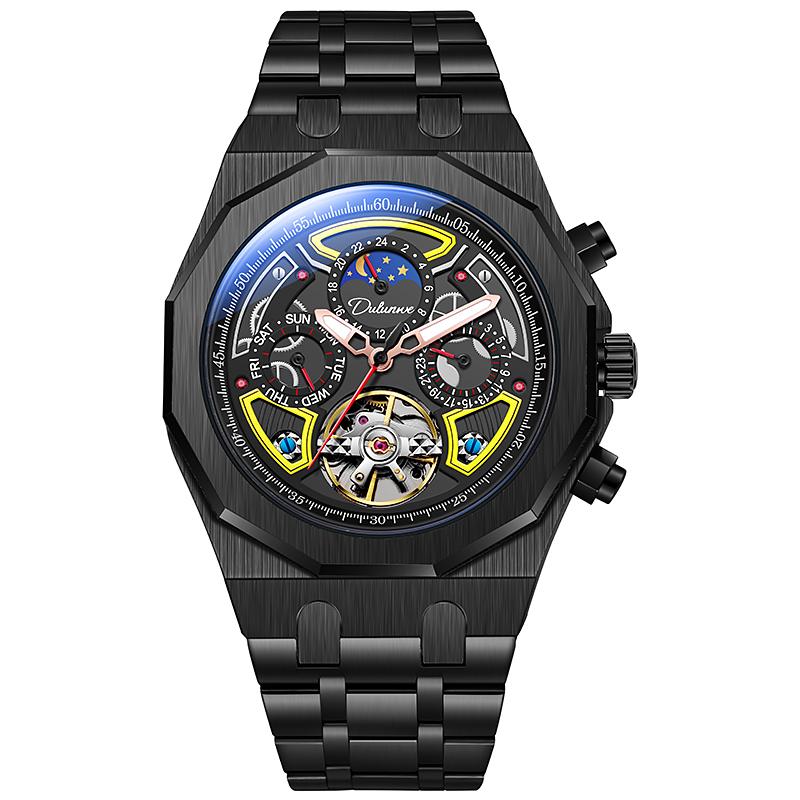 Orologio da polso meccanico automatico con fasi lunari, cinturino in gomma, impermeabile, di lusso, da uomo, con tourbillon.