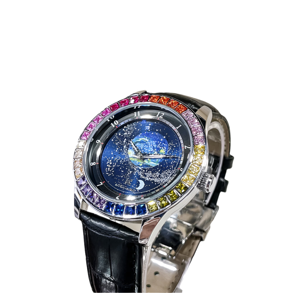 Orologio meccanico di lusso da uomo con quadrante rotante, cassa arcobaleno, orologio automatico alla moda, orologio da polso con cinturino in vera pelle, orologio luminoso con personalità