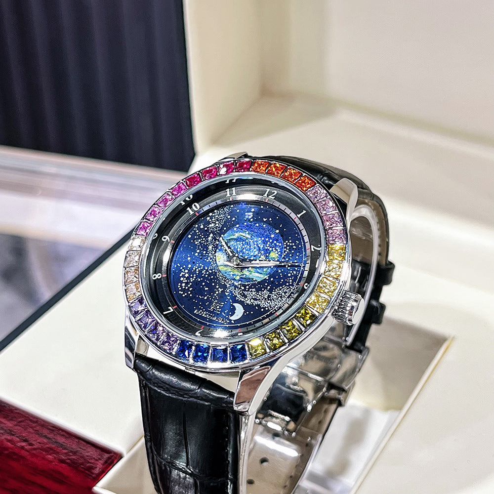 Orologio meccanico di lusso da uomo con quadrante rotante, cassa arcobaleno, orologio automatico alla moda, orologio da polso con cinturino in vera pelle, orologio luminoso con personalità