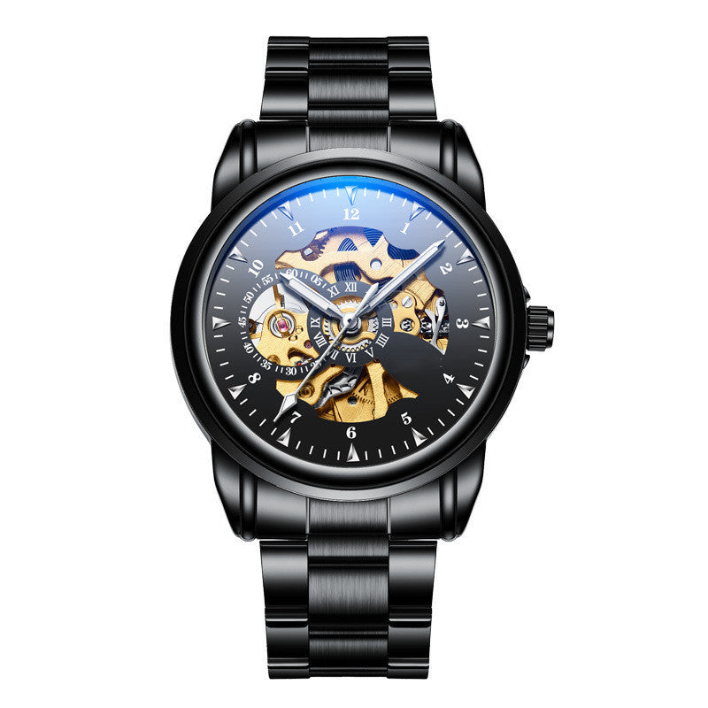 Orologio meccanico luminoso impermeabile in pelle semplice da uomo alla moda
