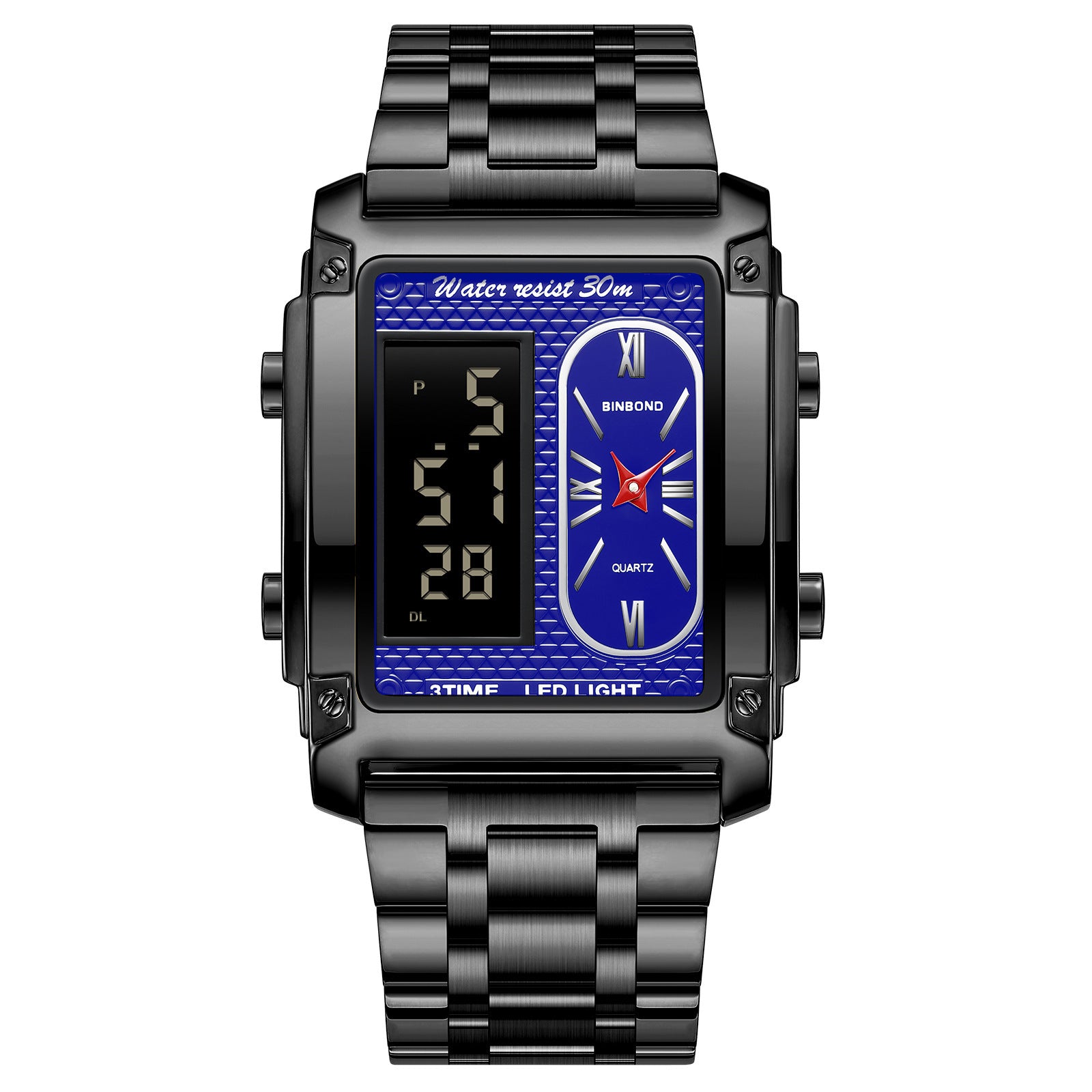 Men's Creative Steel Belt Electronic Watch Double Inserts Multi-functional Waterproof Watch