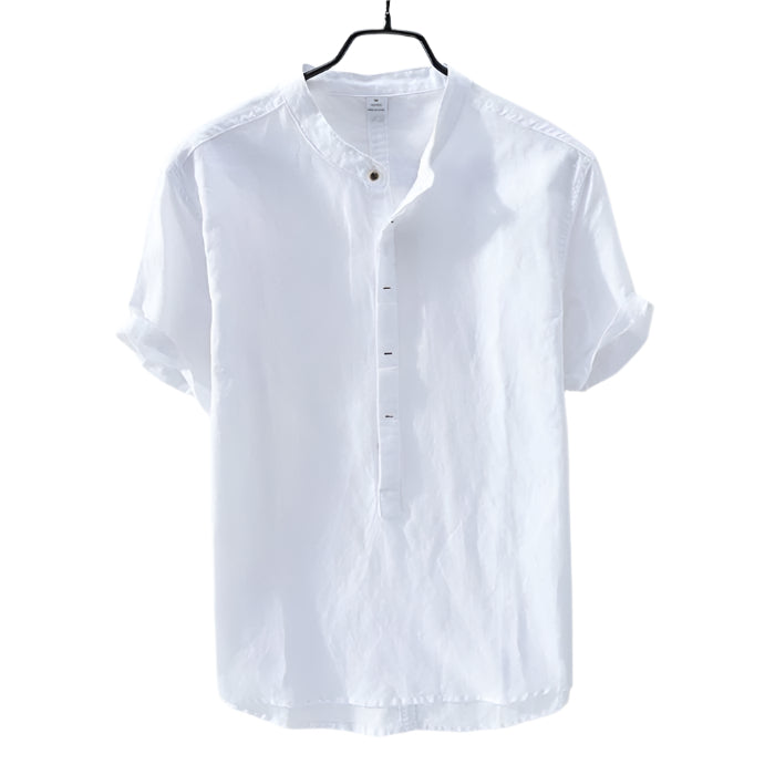 Men's Casual Shirts Linen Blank Short Sleeve Thin and Breathable Cotton Shirt Fashionable Men's Up-to-Neck Shirt