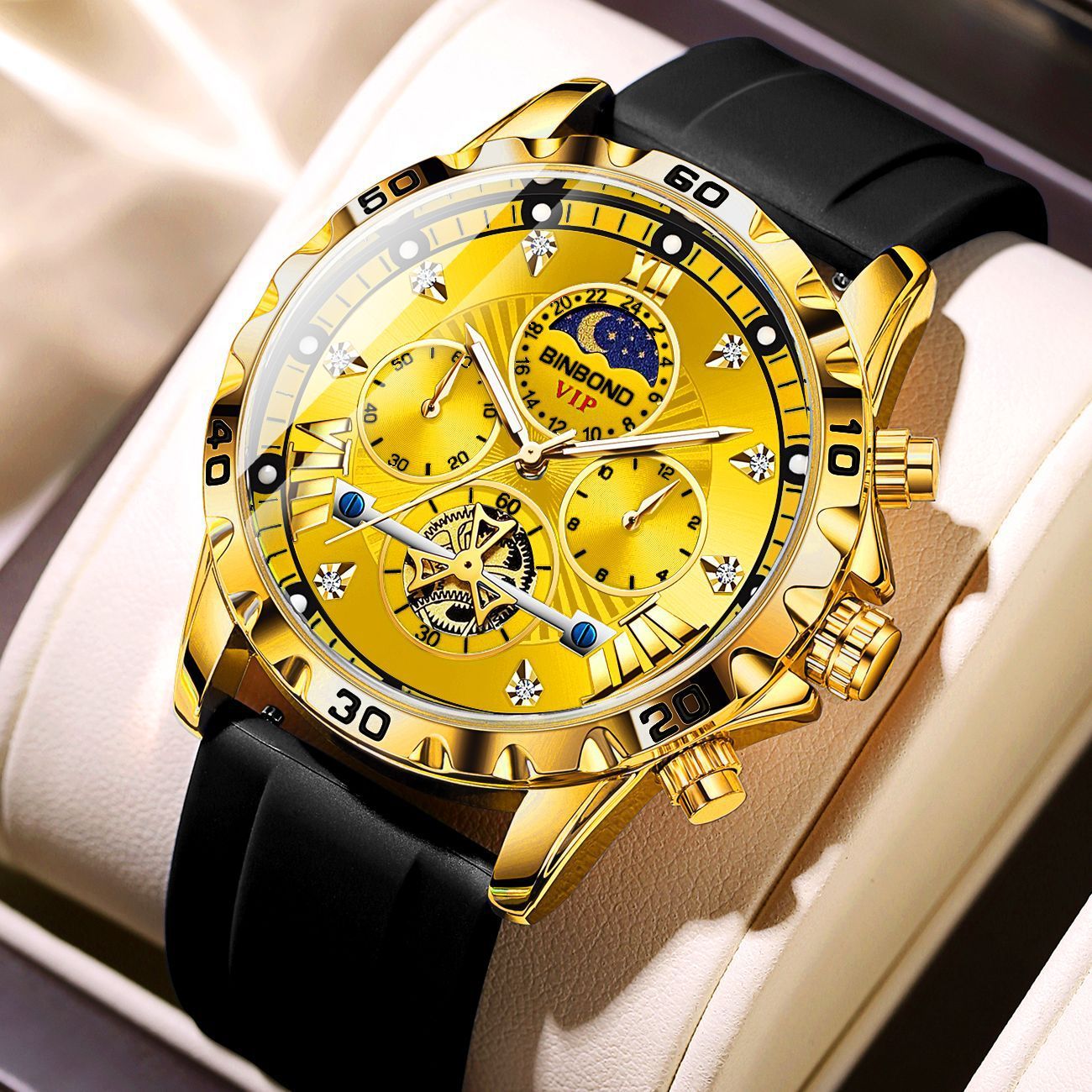 Binbond Brand Men Diamond Dial Watch Sports Men Soft Silicone Belt Quartz Movement Wristwatch Stainless Case Watches - Acquisti Online