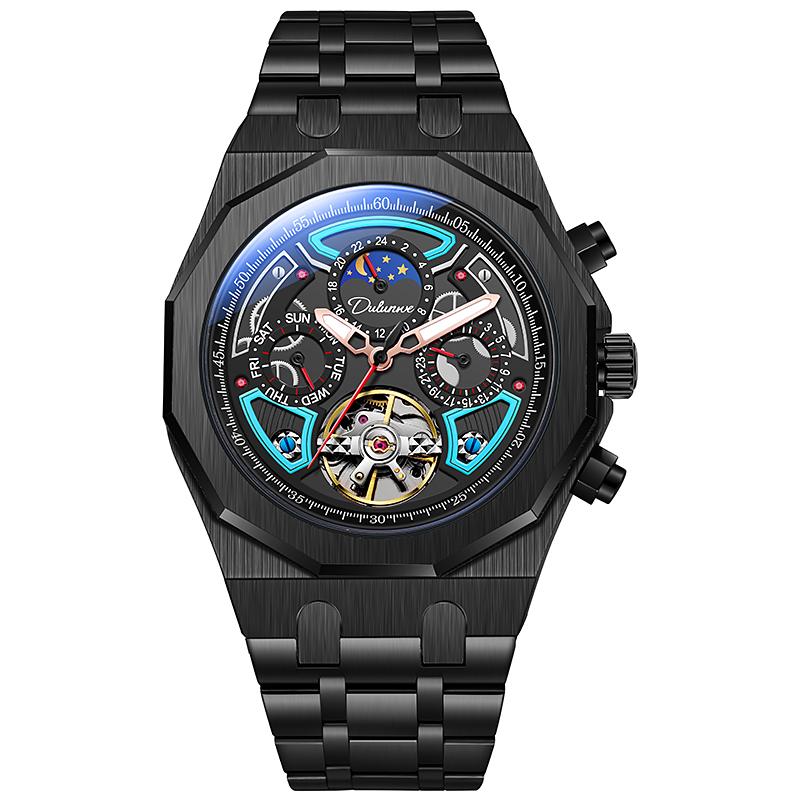 Orologio da polso meccanico automatico con fasi lunari, cinturino in gomma, impermeabile, di lusso, da uomo, con tourbillon.