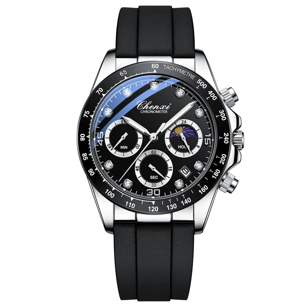 Men's Quartz Watch Moon Calendar Business Phase Diamond Quartz Moon Icon Design Watch for Men Multi-functional Silicone Band Watch
