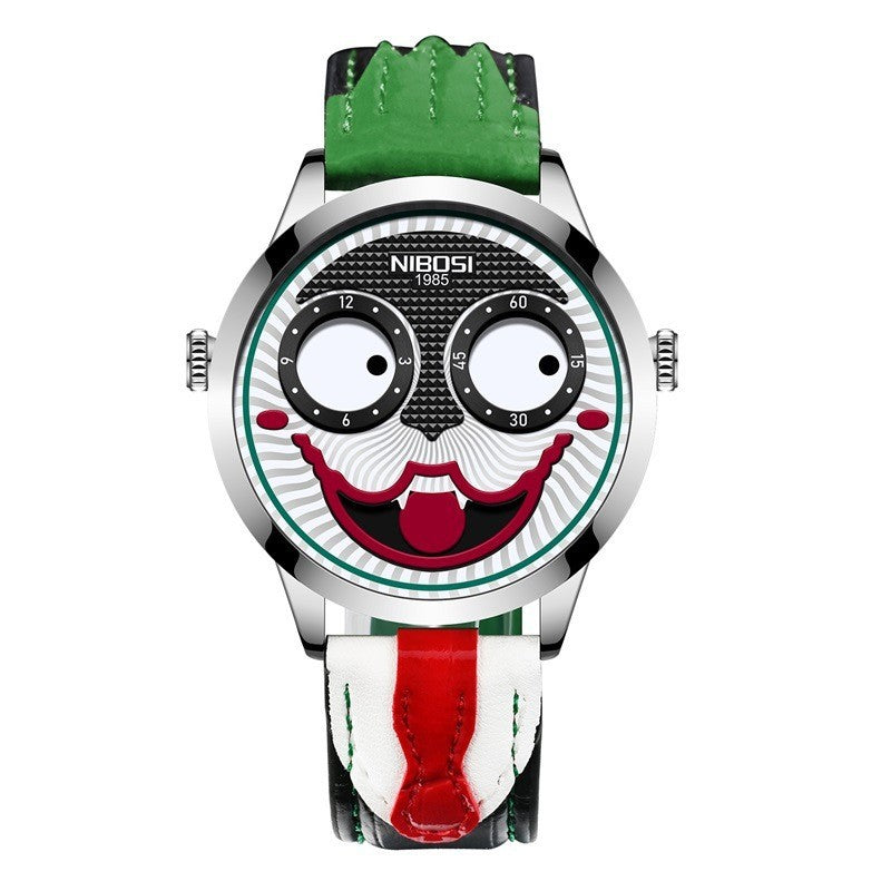 Men's Quartz Watch Clown Dial Fashion Creative Design Waterproof Watch Leather Strap Men's Watch