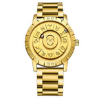 FOXBOX-Men's Magnetic Quartz Wristwatch Creative Scroll Pointer Genuine Leather Watch