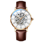 Orologio da uomo automatico TRSOYE di lusso alla moda con cinturino in pelle nera traforata, autentico e leggero
