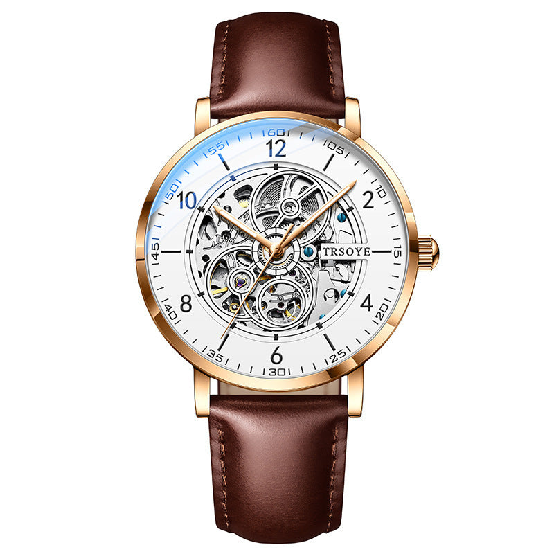 Orologio da uomo automatico TRSOYE di lusso alla moda con cinturino in pelle nera traforata, autentico e leggero