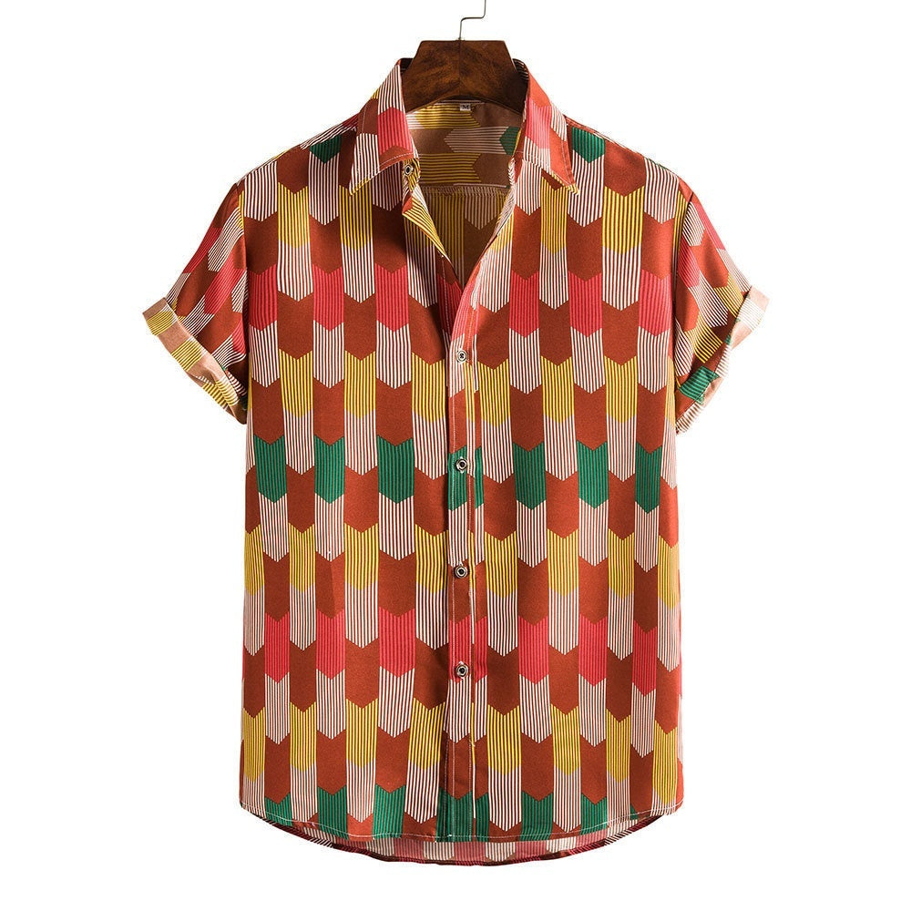 Men's Fashionable Casual Shirt Stripes/Tree Printed Short Sleeve Turn-down Collar Slim Hawaiian Men's Casual Shirt