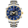 A men's dual display multifunctional sports watch with a blue dial, silver and gold casing, and a stainless steel band.