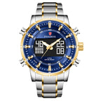 A men's dual display multifunctional sports watch with a blue dial, silver and gold casing, and a stainless steel band.