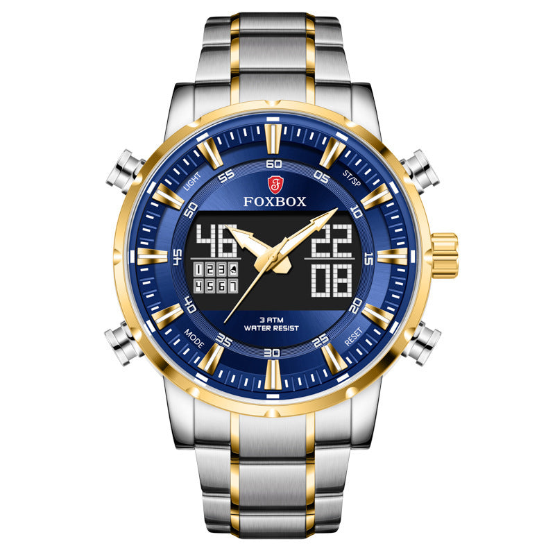 A men's dual display multifunctional sports watch with a blue dial, silver and gold casing, and a stainless steel band.