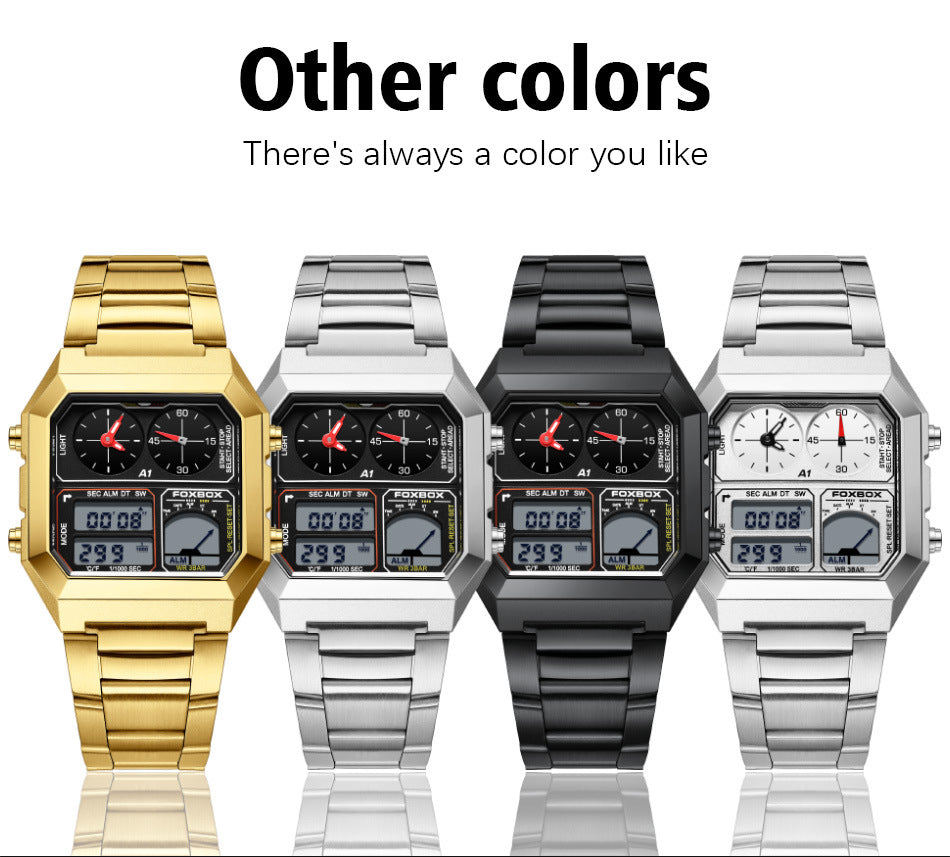 Four digital watches in gold, silver, black, and white on a reflective surface with text 'Other colors. There's always a color you like'.