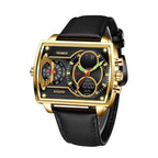 Gold and black wristwatch with detailed face on a white background
