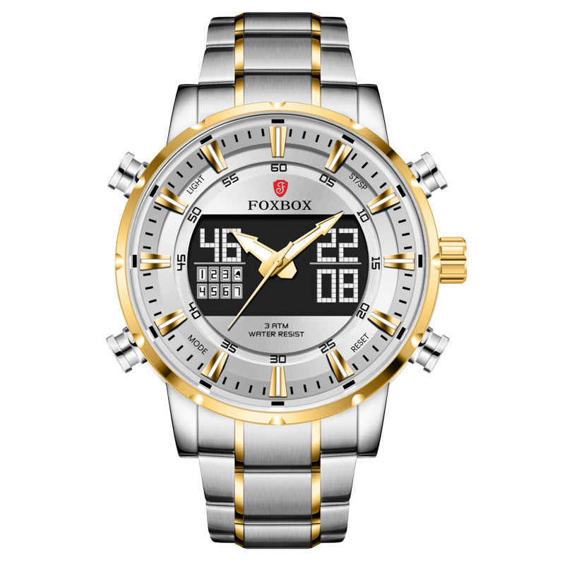 A men's dual display multifunctional sports watch with a blue dial, silver and gold casing, and a stainless steel band.
