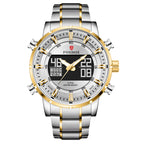 A men's dual display multifunctional sports watch with a blue dial, silver and gold casing, and a stainless steel band.