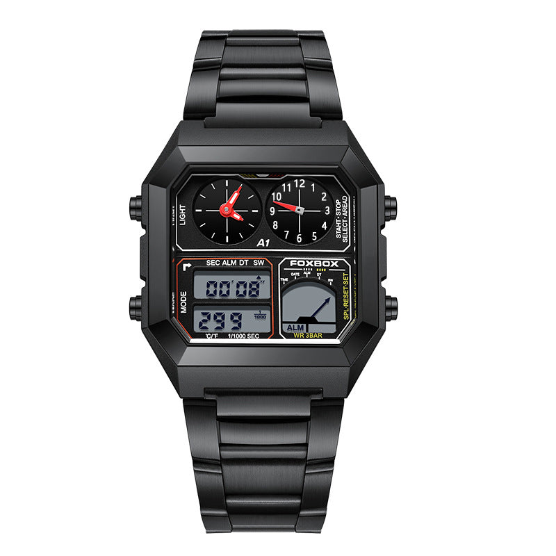 A gold-colored digital alarm clock watch with a stainless steel band and a square-shaped case.