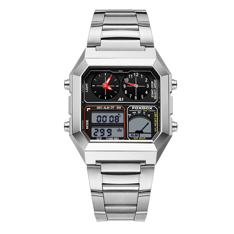 A gold-colored digital alarm clock watch with a stainless steel band and a square-shaped case.