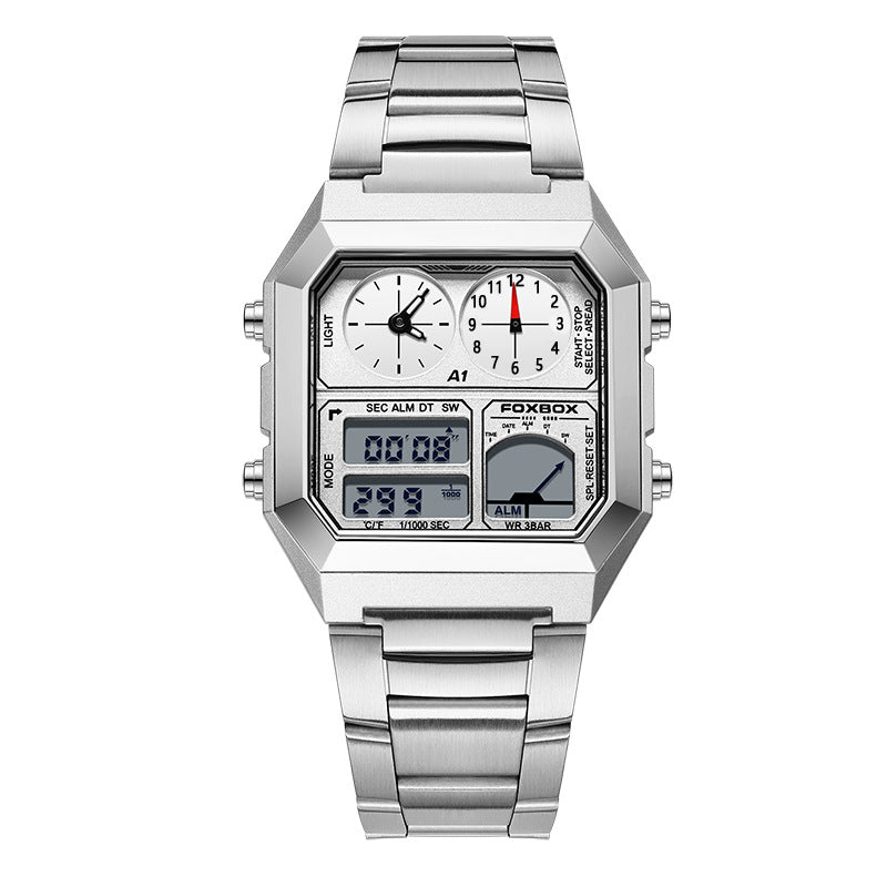 A gold-colored digital alarm clock watch with a stainless steel band and a square-shaped case.
