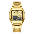 A gold-colored digital alarm clock watch with a stainless steel band and a square-shaped case.