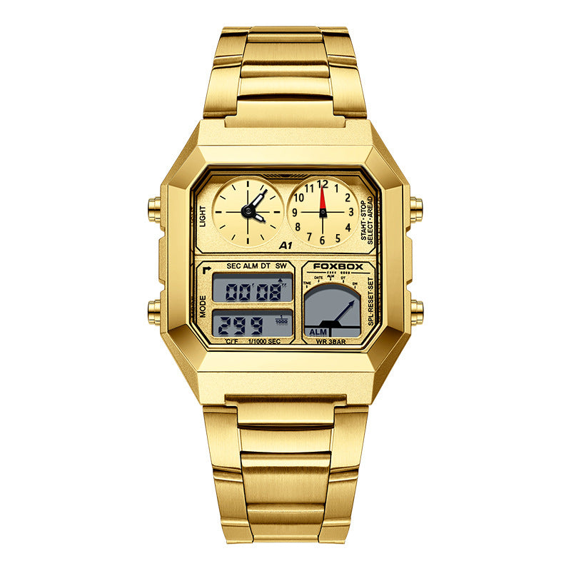 A gold-colored digital alarm clock watch with a stainless steel band and a square-shaped case.