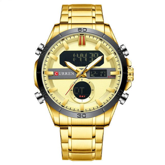 A men's quartz electronic watch with a double movement display, featuring a black dial, silver stainless steel band, and case.