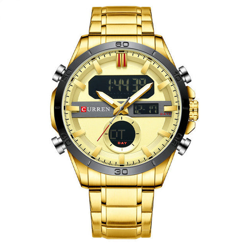 A men's quartz electronic watch with a double movement display, featuring a black dial, silver stainless steel band, and case.