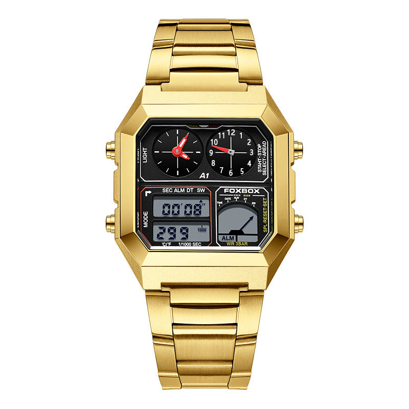A gold-colored digital alarm clock watch with a stainless steel band and a square-shaped case.